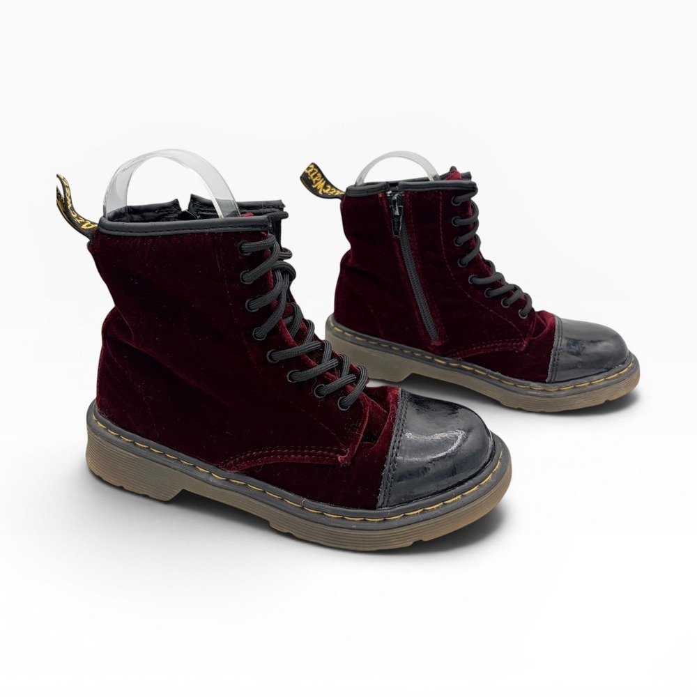 Dr. Martens Pooch Boots Sz 1 Big Kids Velvet Burgundy Patent Combat AirWair Zip